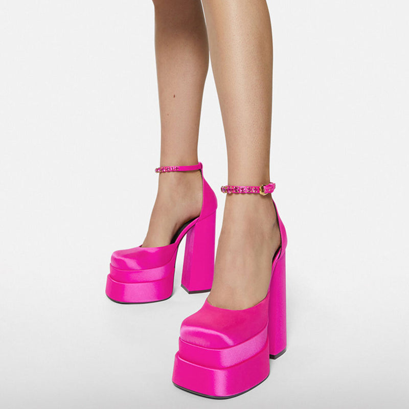 Classy Satin Square Toe Ankle Strap Chunky Heel Platform Sandals - Rose