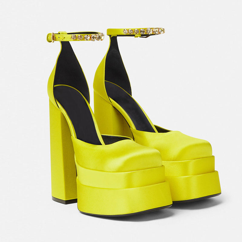 Classy Satin Square Toe Ankle Strap Chunky Heel Platform Sandals - Yellow
