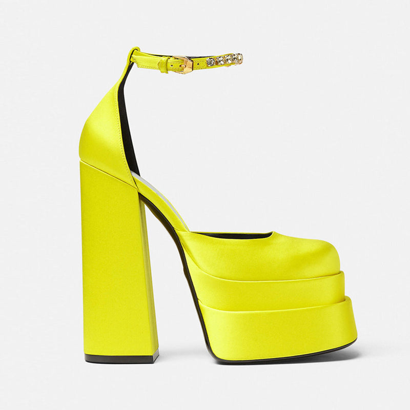 Classy Satin Square Toe Ankle Strap Chunky Heel Platform Sandals - Yellow