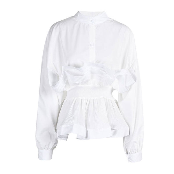 Classy Stand Collar Long Sleeve Button Down Ruffled Peplum Blouse