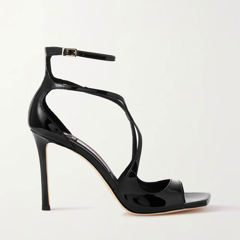 Classy Strappy Square Toe Ankle Strap Stiletto Patent Leather Sandals - Black