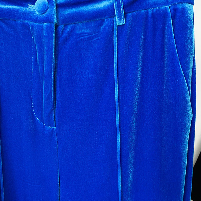 Classy Velvet Single Breasted Tailored Blazer Flare Pant Matching Set - Blue