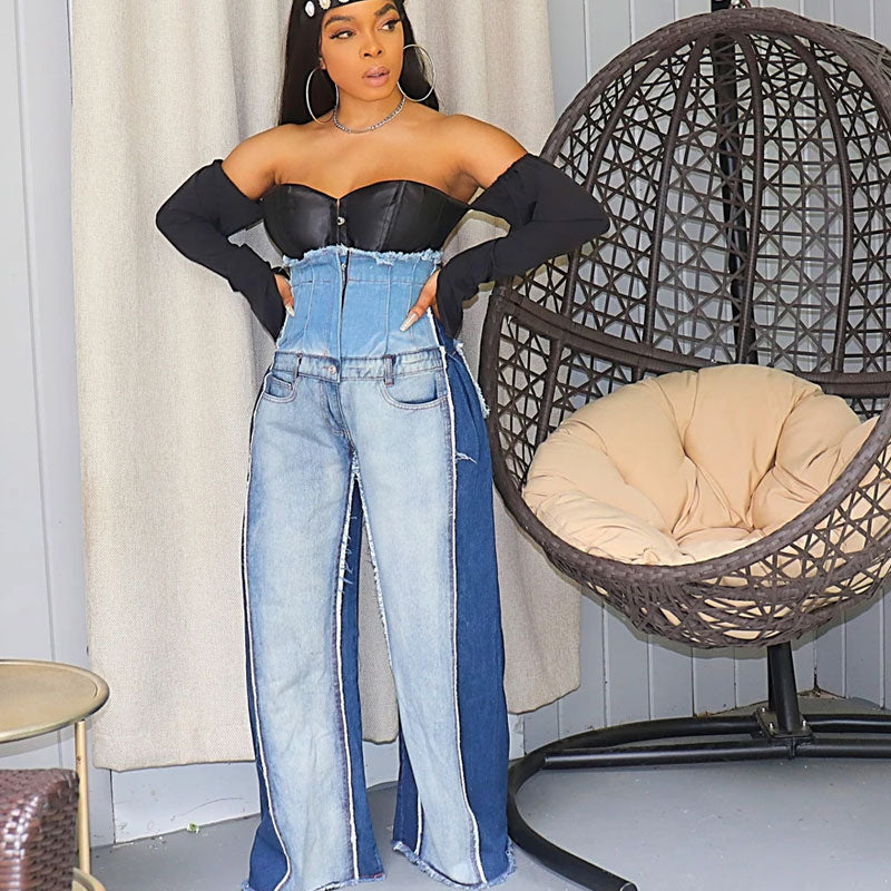 Color Block High Waist Wide Leg Distressed Jeans Blue Luxedress