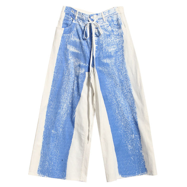 Conceptual Style Contrast Printed Drawstring High Waist Wide Leg Jeans