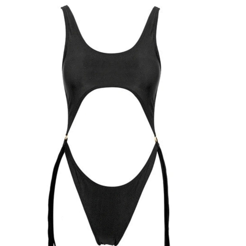 Contrast High Leg Fringed Cutout Hoop One Piece Swimsuit - Black