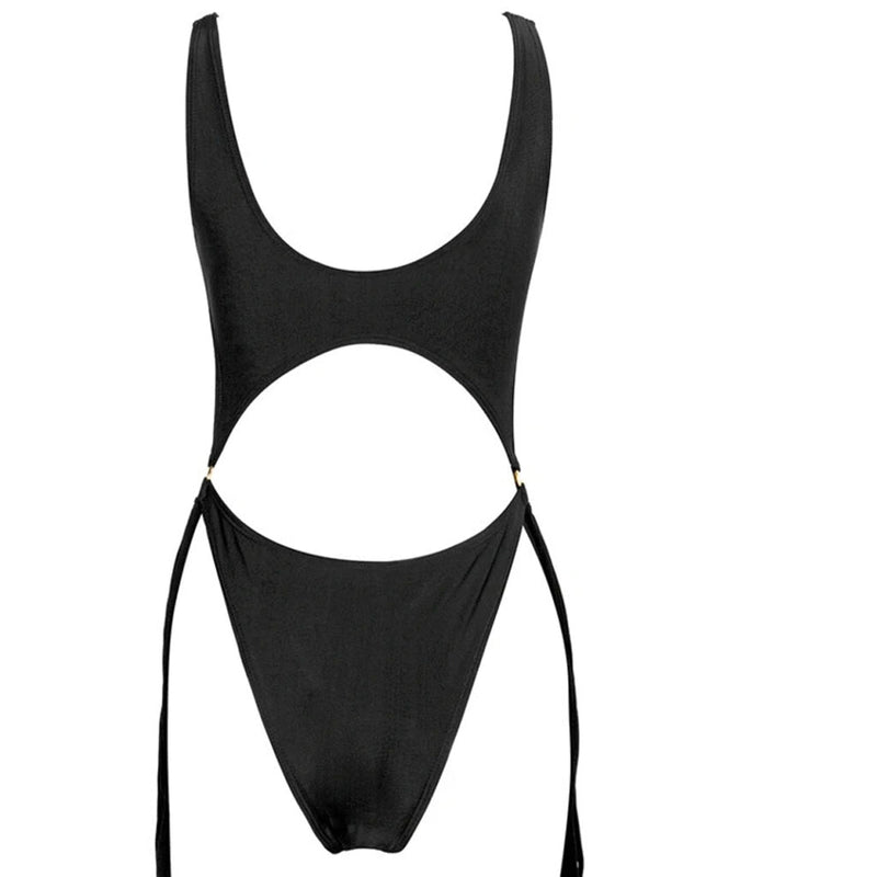 Contrast High Leg Fringed Cutout Hoop One Piece Swimsuit - Black