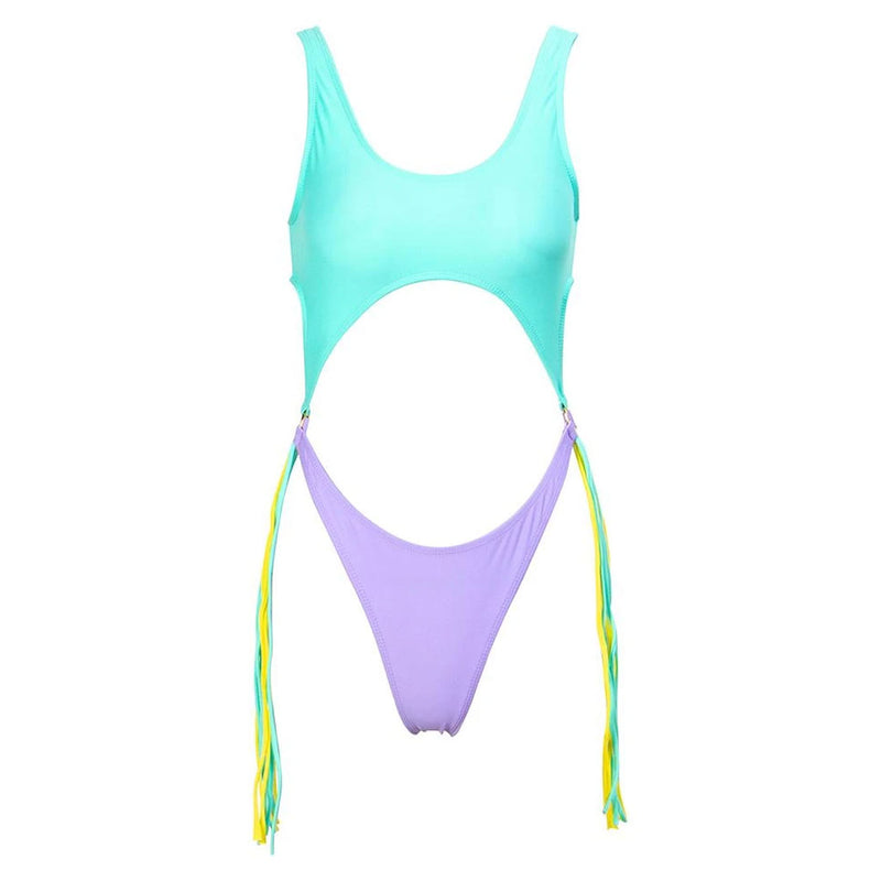 Contrast High Leg Fringed Cutout Hoop One Piece Swimsuit - Turquoise