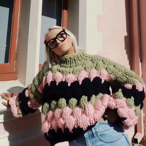 Contrast High Neck Bishop Sleeve Crochet Sweater - Green