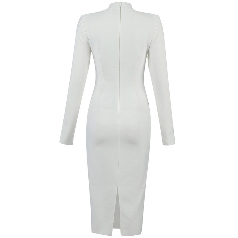 Contrast High Neck Long Sleeve Slit Midi Bandage Dress - White