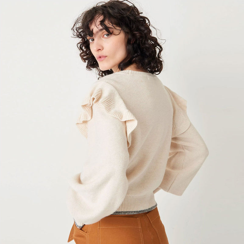 Contrast Piping Ruffle Puff Sleeve Round Neck Pullover Sweater - Beige