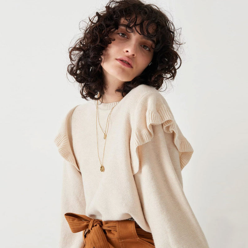 Contrast Piping Ruffle Puff Sleeve Round Neck Pullover Sweater - Beige