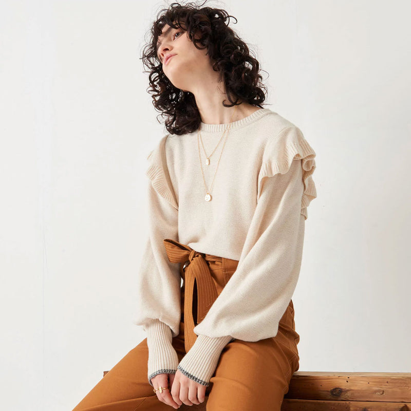 Contrast Piping Ruffle Puff Sleeve Round Neck Pullover Sweater - Beige