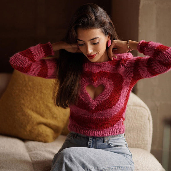 Contrast Striped Print Heart Cutout Round Neck Long Sleeve Cropped Sweater - Red