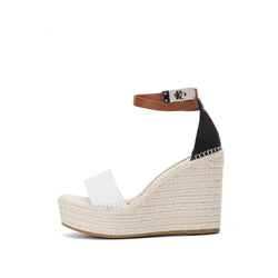 Contrasting Open Toe Ankle Strap Faux Leather Wedge Espadrilles - White