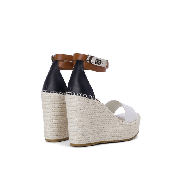 Contrasting Open Toe Ankle Strap Faux Leather Wedge Espadrilles - White