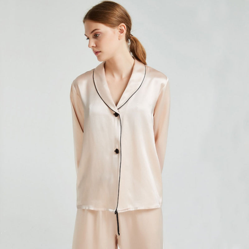 Contrasting Piping Long Sleeve V Neck Silk Lounge Set - Apricot