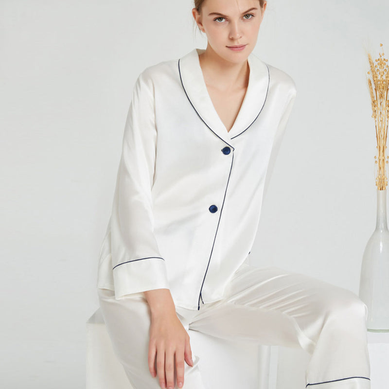 Contrasting Piping Long Sleeve V Neck Silk Lounge Set - White