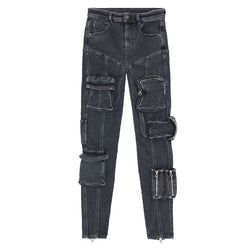 Cool Ankle Zip Detail High Waist Multiple Pocket Skinny Cargo Jeans