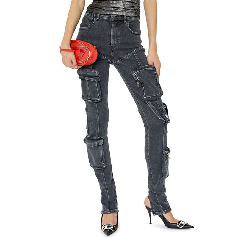 Cool Ankle Zip Detail High Waist Multiple Pocket Skinny Cargo Jeans