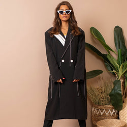 Cool Exposed Seam Lapel Collar Double Breasted Oversized Trend Coat - Black