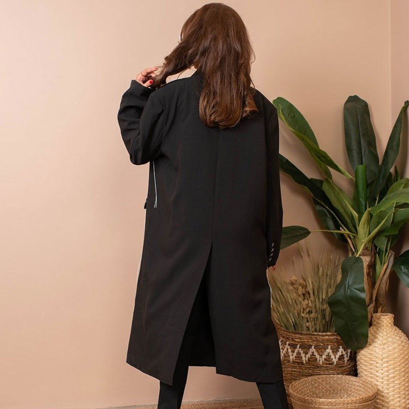 Cool Exposed Seam Lapel Collar Double Breasted Oversized Trend Coat - Black