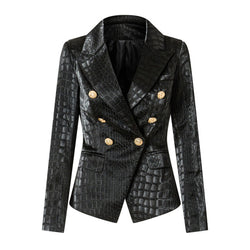 Cool Faux Croc Effect Leather Peak Lapel Double Breasted Tailored Blazer