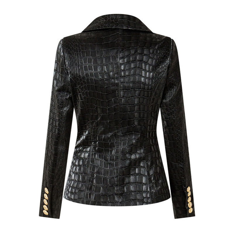 Cool Faux Croc Effect Leather Peak Lapel Double Breasted Tailored Blazer