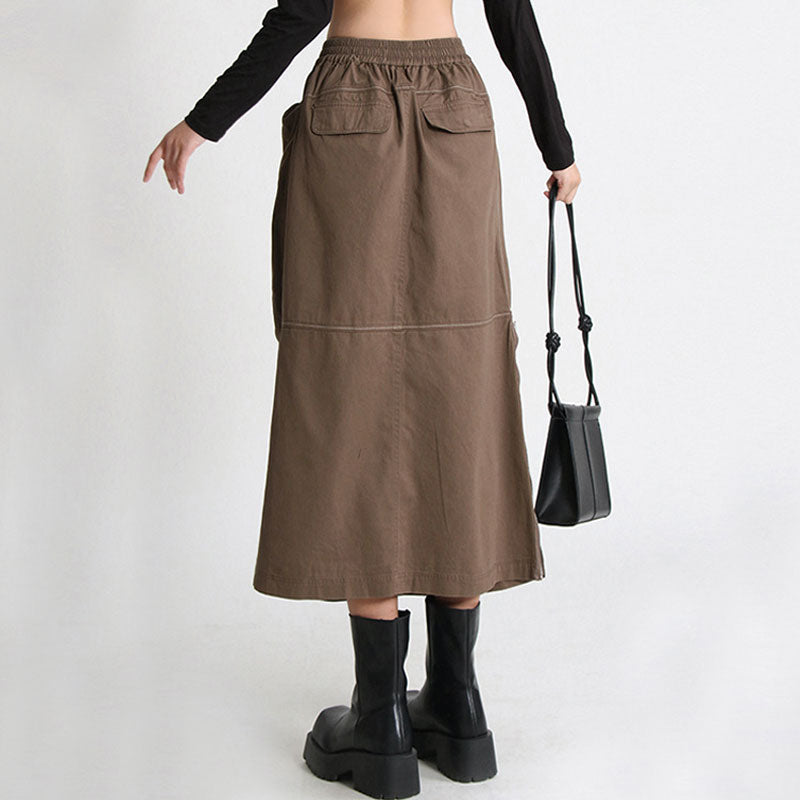 Cool High Rise Drawstring Front Zip Patch Pocket Cargo Midi Skirt - Coffee