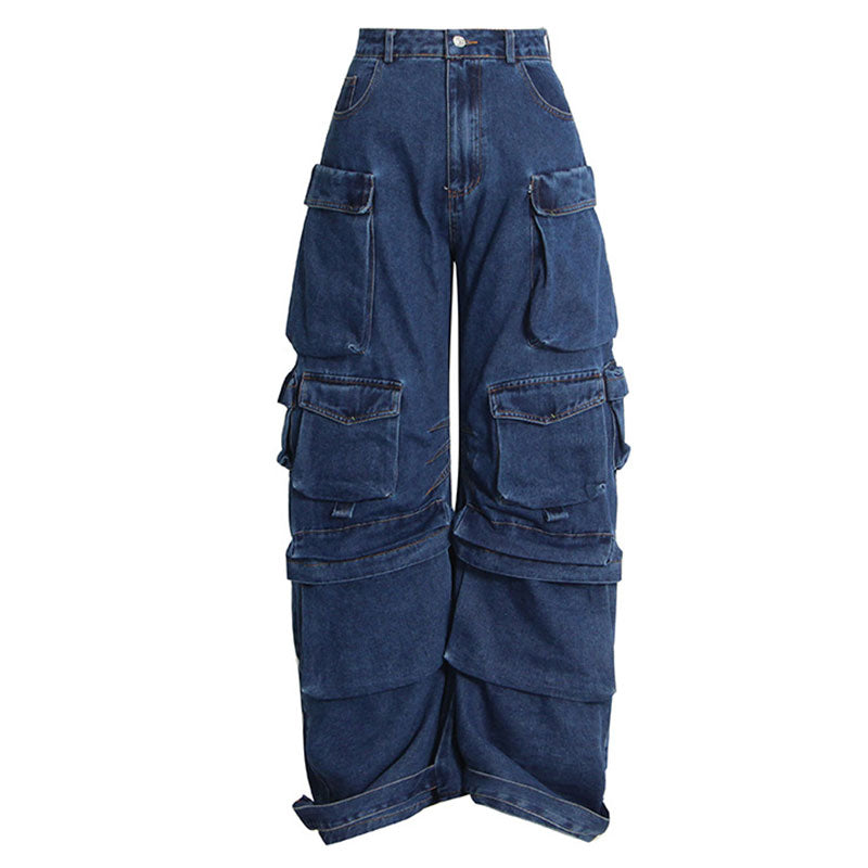 Cool Multiple Pocket Detail High Waist Wide Leg Cargo Jeans