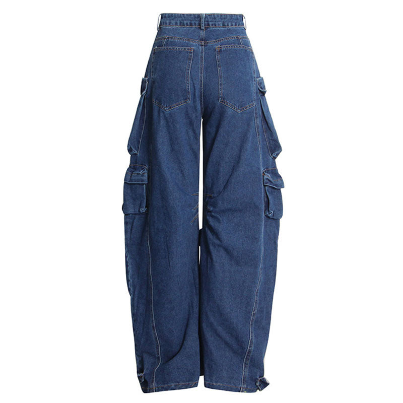 Cool Multiple Pocket Detail High Waist Wide Leg Cargo Jeans