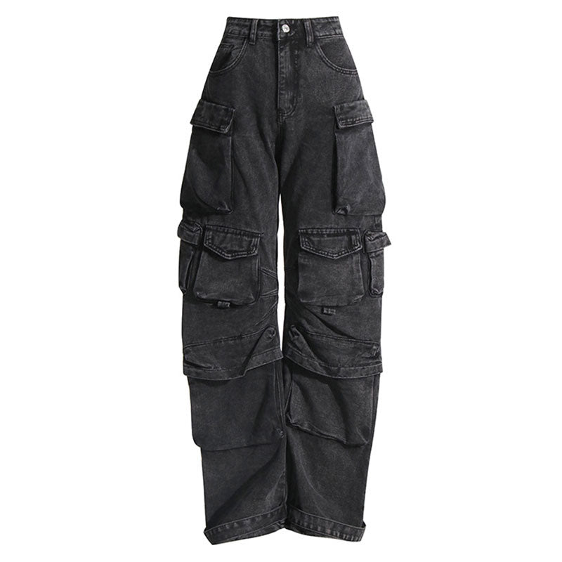 Cool Multiple Pocket Detail High Waist Wide Leg Cargo Jeans – Luxedress