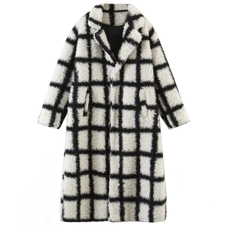 Cozy Lapel Collar Single Breasted Checkered Pattern Sherpa Teddy Coat - Black