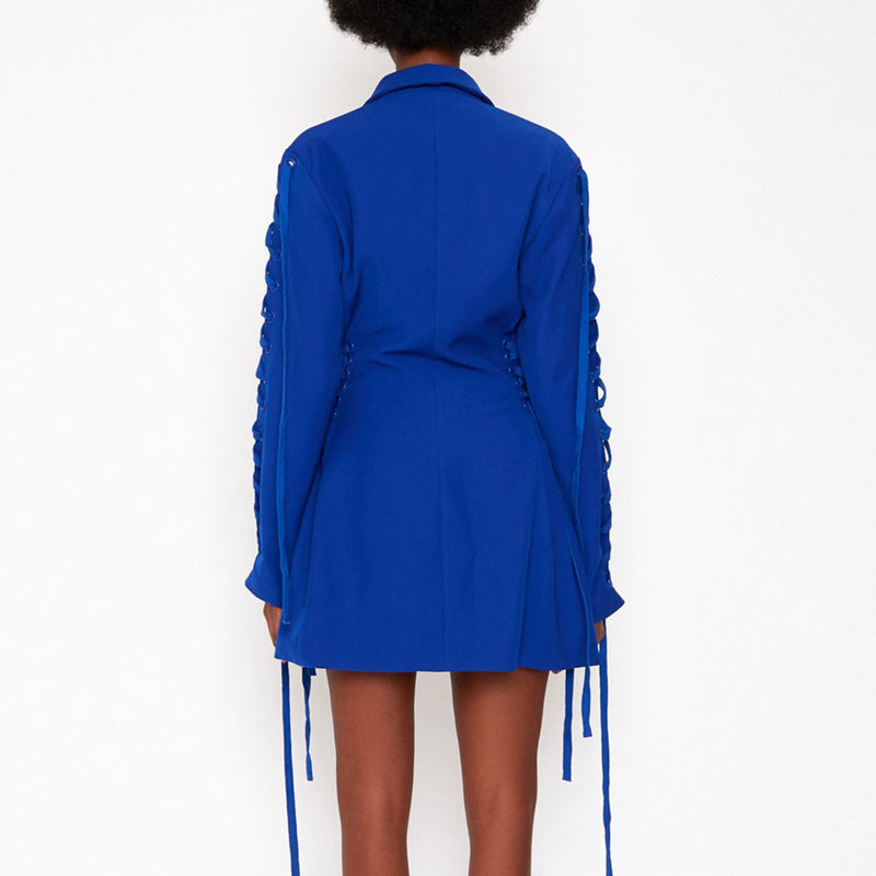 Crisscross Lace Up Single Breasted Deep V Mini Blazer Dress - Blue