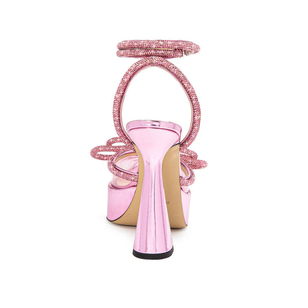 Crystal Bow Detail Clear Pointed Toe Sculpted Heel Platform Pumps - Pink
