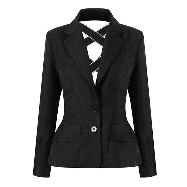 Crystal Bow Detail Criss Cross Cutout Single Breasted Peplum Blazer - Black