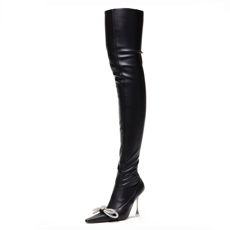 Crystal Bow Detail Faux Leather Pointed Toe Over Knee Boots - Black