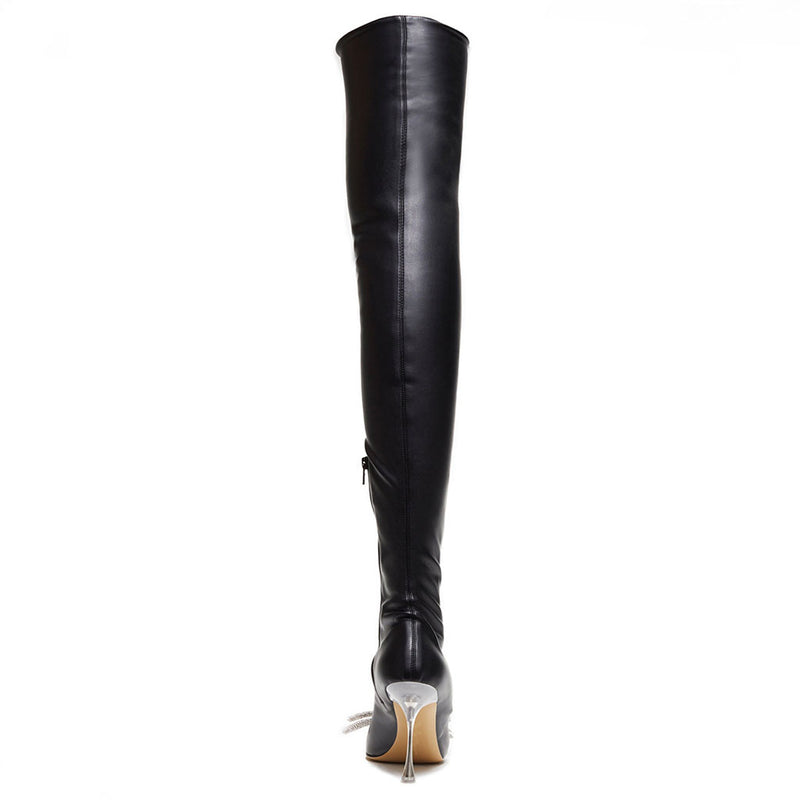 Crystal Bow Detail Faux Leather Pointed Toe Over Knee Boots - Black