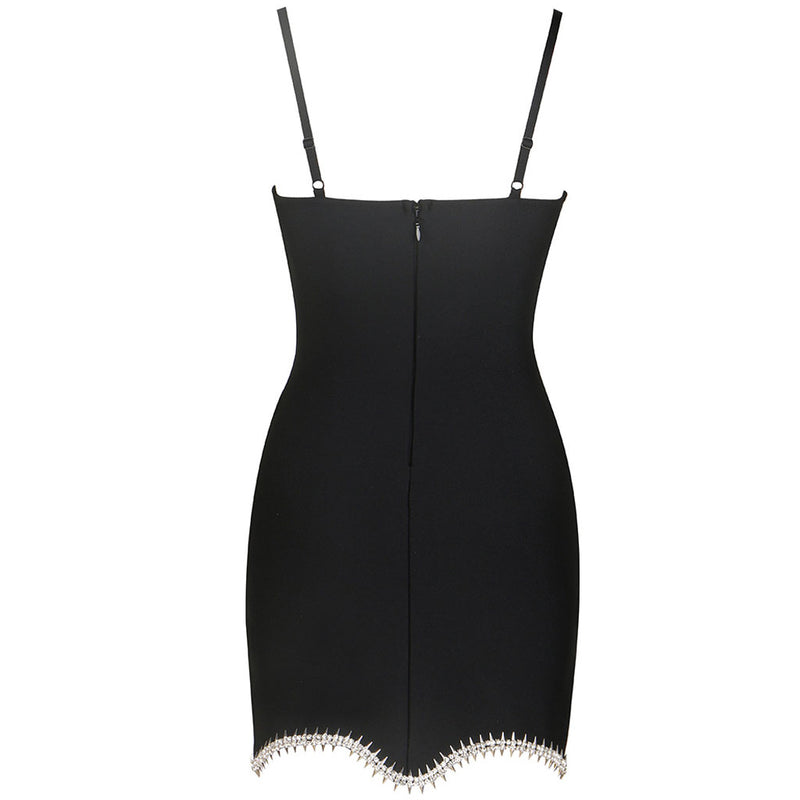 Crystal Bow Detail Sweetheart Cami Studded Curved Hem Mini Bandage Dress - Black