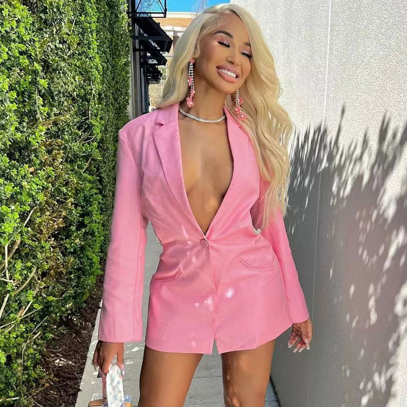Crystal Knot Backless Single Breasted Tailored Blazer Mini Dress - Pink