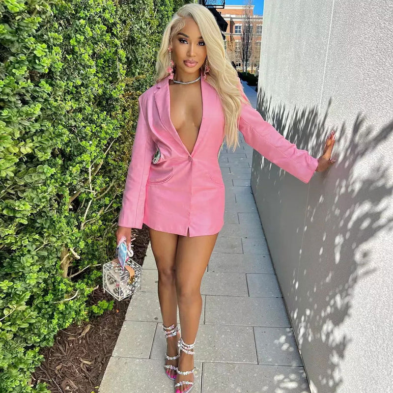 Crystal Knot Backless Single Breasted Tailored Blazer Mini Dress - Pink