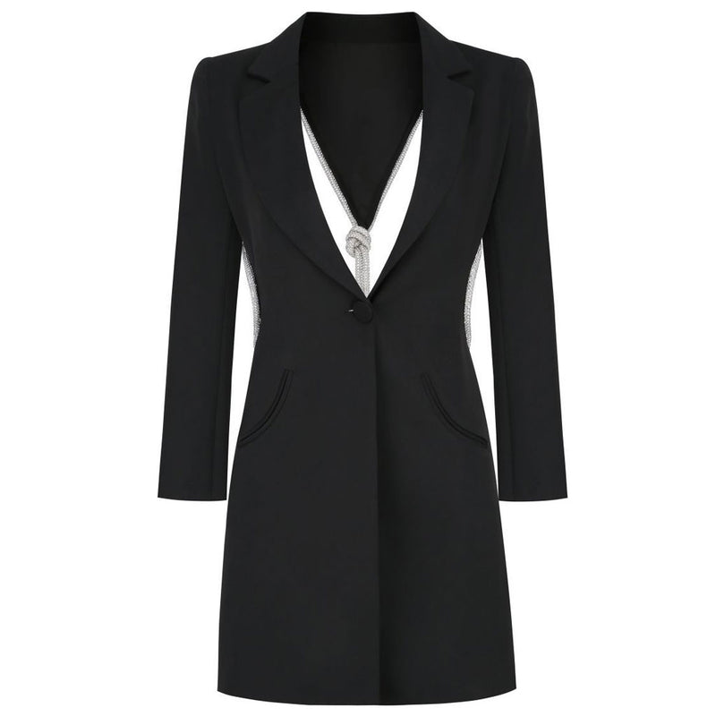 Crystal Knot Backless Single Breasted Tailored Blazer Mini Dress - Black