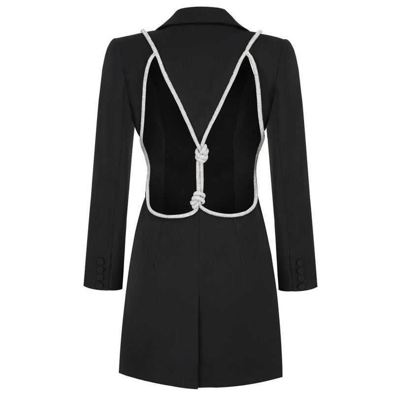 Crystal Knot Backless Single Breasted Tailored Blazer Mini Dress - Black