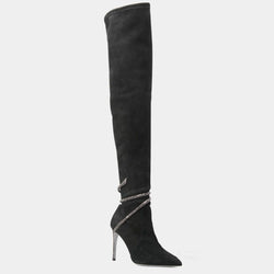 Crystal Snake Embellished Pointed Toe Over Knee Suede Boots - Black