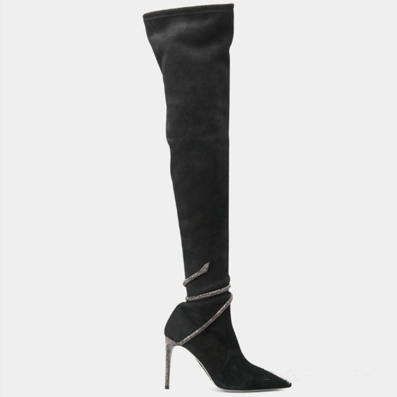 Crystal Snake Embellished Pointed Toe Over Knee Suede Boots - Black