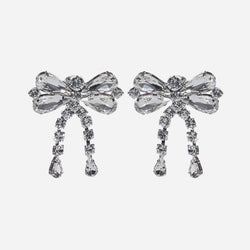 Cute Plated Rhinestone Embellished Bow Motif Drop Earrings - Silver