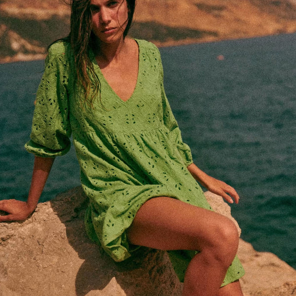 Cute V Neck Broderie Anglaise Tiered Babydoll Mini Dress - Green
