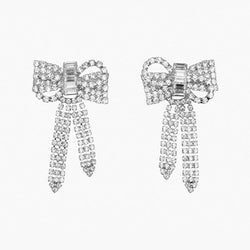 Dainty Plated Crystal Embellished Bow Drop Earrings - Silver