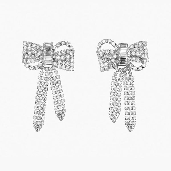 Dainty Plated Crystal Embellished Bow Drop Earrings - Silver