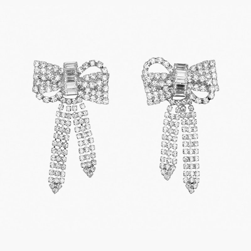 Dainty Plated Crystal Embellished Bow Drop Earrings - Silver