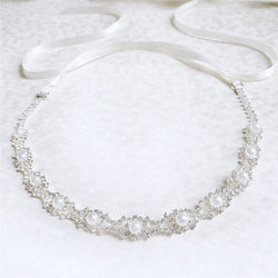 Dainty Silver Plated Pearl Beaded Rhinestone Embellished Headband - Silver